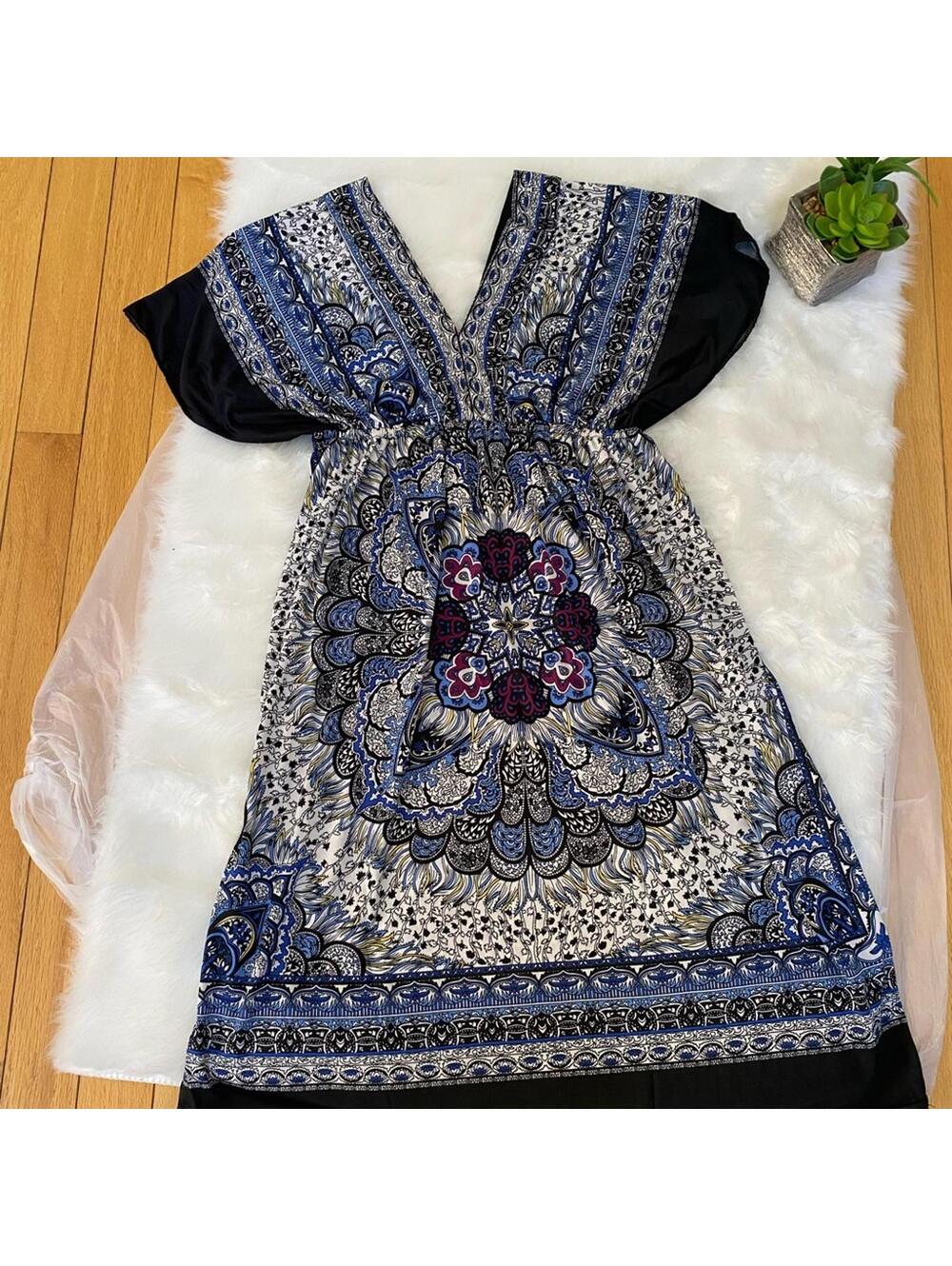 Blue and Black Patterned Women's Dress Medium